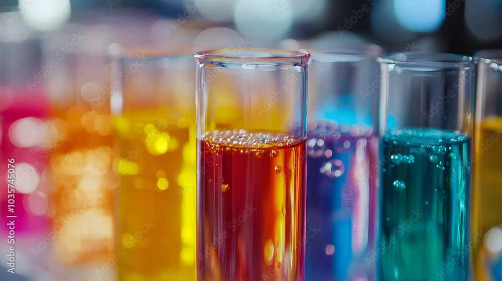 A close-up of polymer samples undergoing chemical reactions in a petrochemical lab setting.