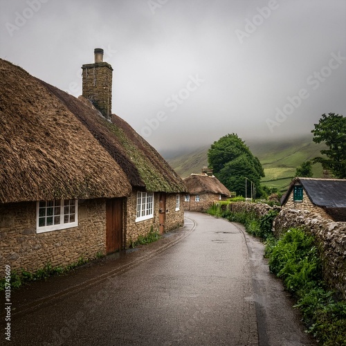 street in a traditional village on the hills in the UK, AI gener photo