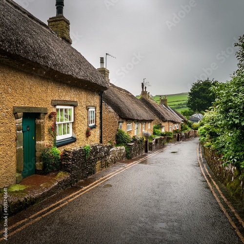 steep street in a traditional village on the hills in the UK, AI