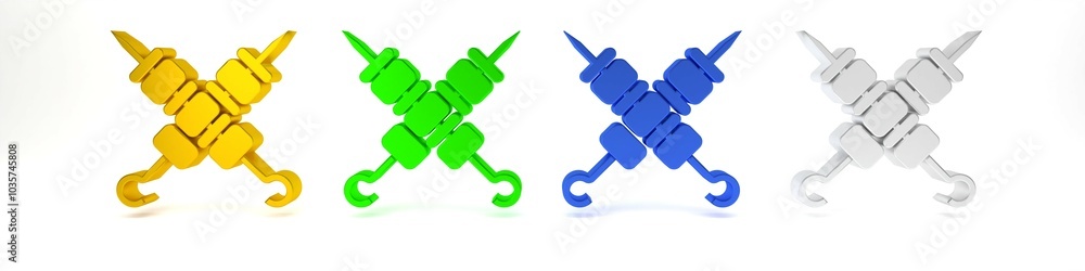 Colorful Crossed grilled shish kebab on skewers stick icon isolated on white background. Meat kebab on skewers stick. Picnic with grill meat. Minimalism concept. 3D render illustration