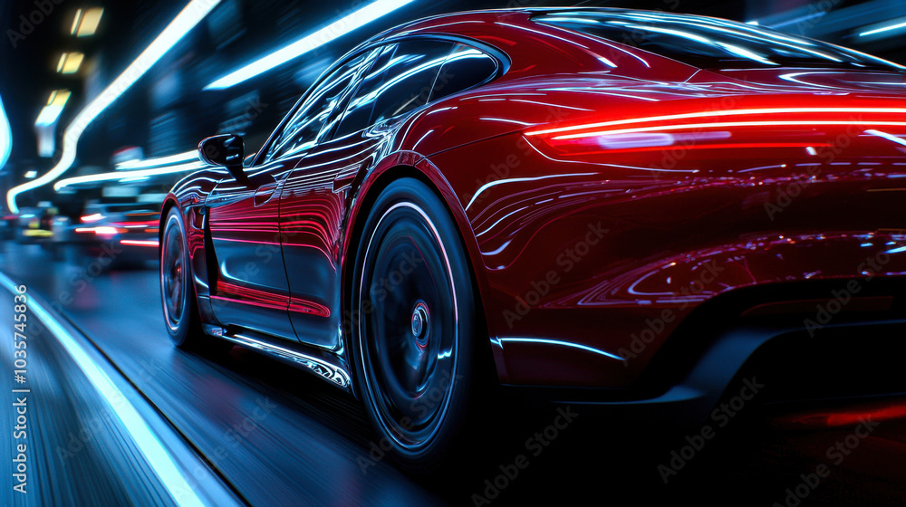 Sleek red sports car speeding through futuristic cityscape, showcasing dynamic motion and vibrant neon lights. image captures essence of modern automotive design and technology Sleek red sports car speeding through futuristic cityscape, showcasing dynamic motion and vibrant neon lights. image captures essence of modern automotive design and technology