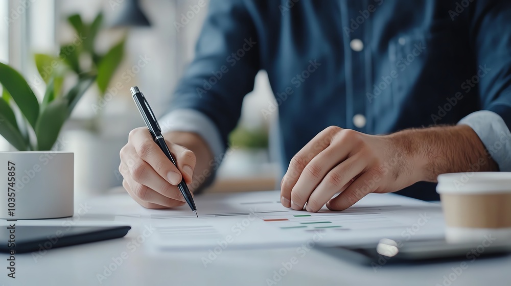 A man's hands are shown working on paperwork at a desk. He is writing with a pen and has a calculator and a cup of coffee nearby. A man's hands are shown working on paperwork at a desk. He is writing with a pen and has a calculator and a cup of coffee nearby.