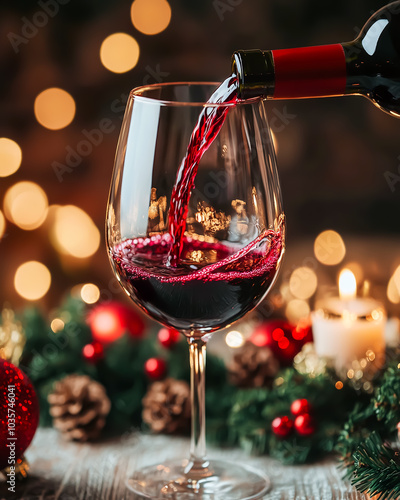 Glass of red wine with christmas decoration on bokeh background