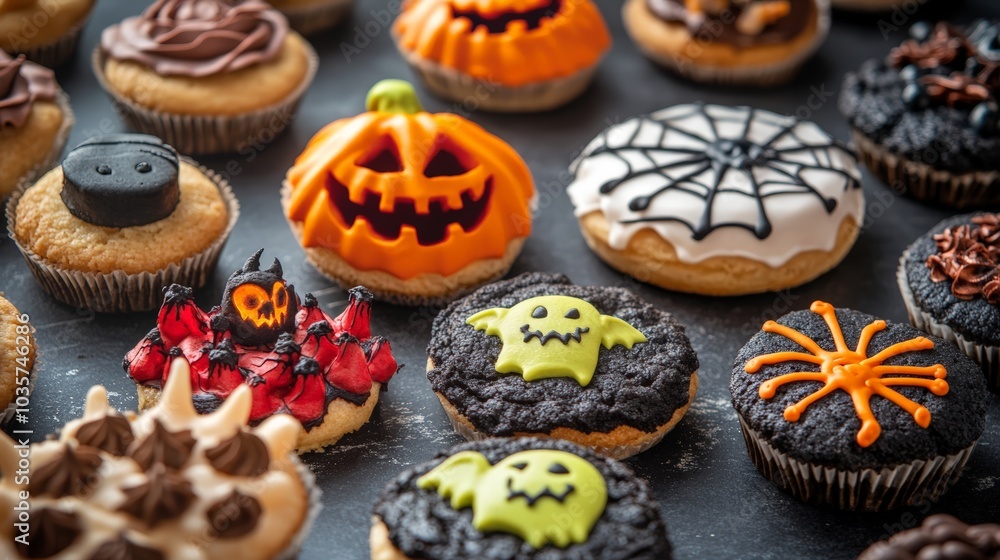 Halloween Cupcake Collection with Spooky and Fun Designs, Featuring Jack-o'-Lantern, Spiderweb, Ghost, and More Decorations Halloween Cupcake Collection with Spooky and Fun Designs, Featuring Jack-o'-Lantern, Spiderweb, Ghost, and More Decorations