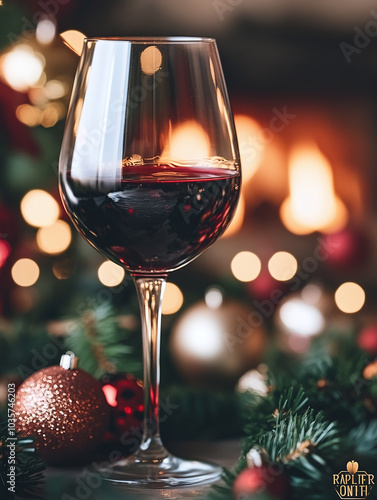 Glass of red wine with christmas decoration on bokeh background