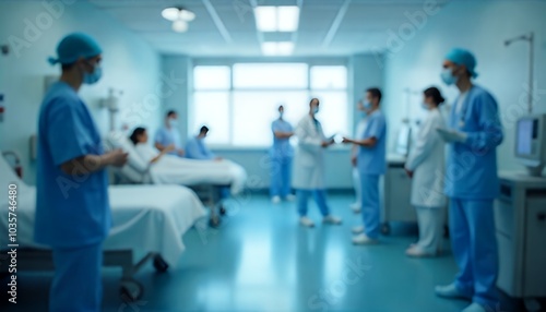 A blurred image of a hospital ward with medical staff.