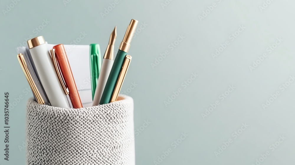A white fabric pencil holder with various pens and pencils on a light blue background. A white fabric pencil holder with various pens and pencils on a light blue background.
