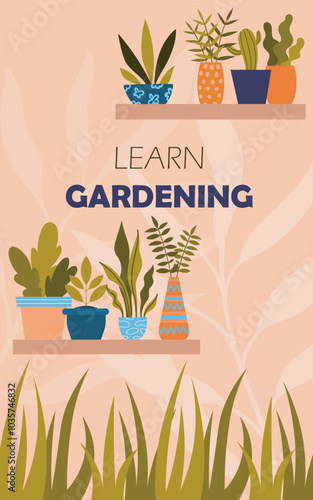Gardening poster concept. Hanging flowerpots with tropical and exotic leaves. Gardening and botany, horticulture. Hobby and leisure. Template and layout. Flat vector illustration