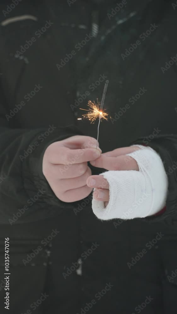 Vertical closeup video of burning sparkler in child hands with plaster cast. Sparkling firework in hands of unrecognizable boy on Christmas Eve. Making wishes during treatment after broken arm. Vertical closeup video of burning sparkler in child hands with plaster cast. Sparkling firework in hands of unrecognizable boy on Christmas Eve. Making wishes during treatment after broken arm.