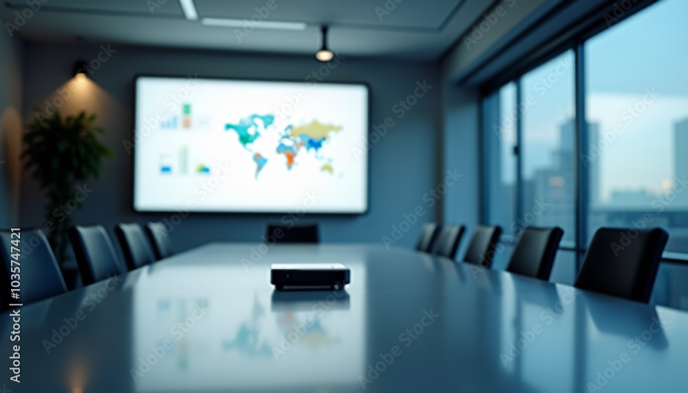 Conference Room with World Map Projection: Global Business Conference Room with World Map Projection: Global Business