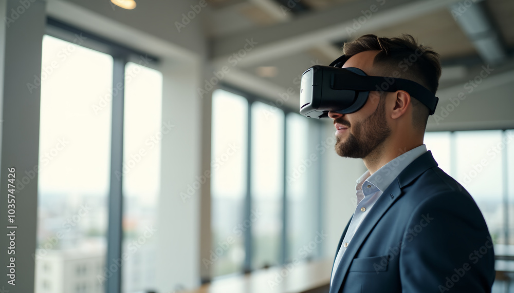 Businessman Exploring Virtual Reality in Office Businessman Exploring Virtual Reality in Office