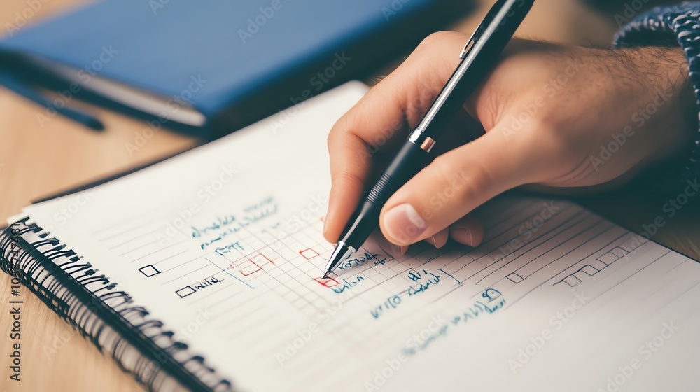 Close-up of a hand writing in a notebook with a pen. Close-up of a hand writing in a notebook with a pen.