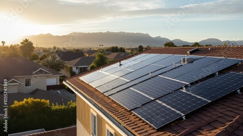 Wallpaper Mural Engineers securing solar panels onto a residential roof, with detailed focus on the panels and mounting system, and a suburban neighborhood in the background Torontodigital.ca