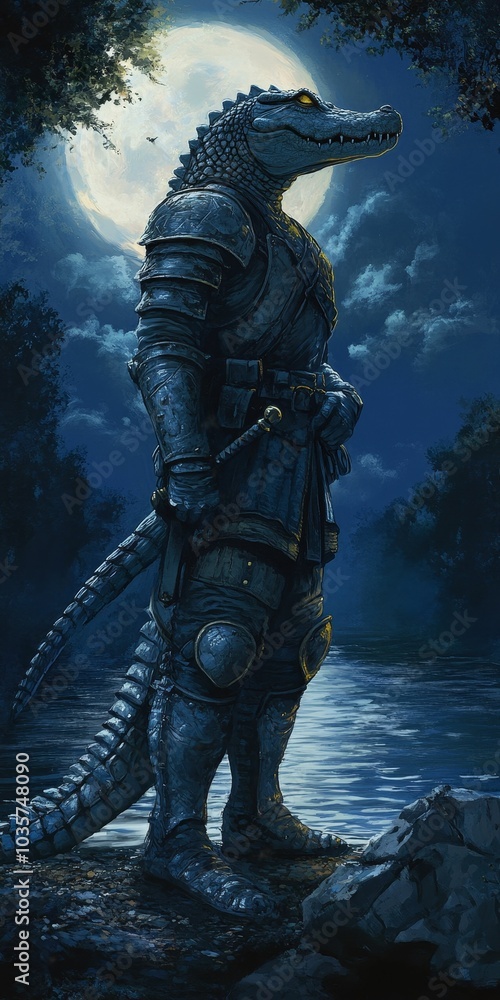 Armored crocodile stands by water under moon. Armored crocodile stands by water under moon.