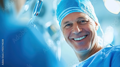 Smiling surgeon in scrubs and cap, demonstrating professionalism and care in the operating room setting.