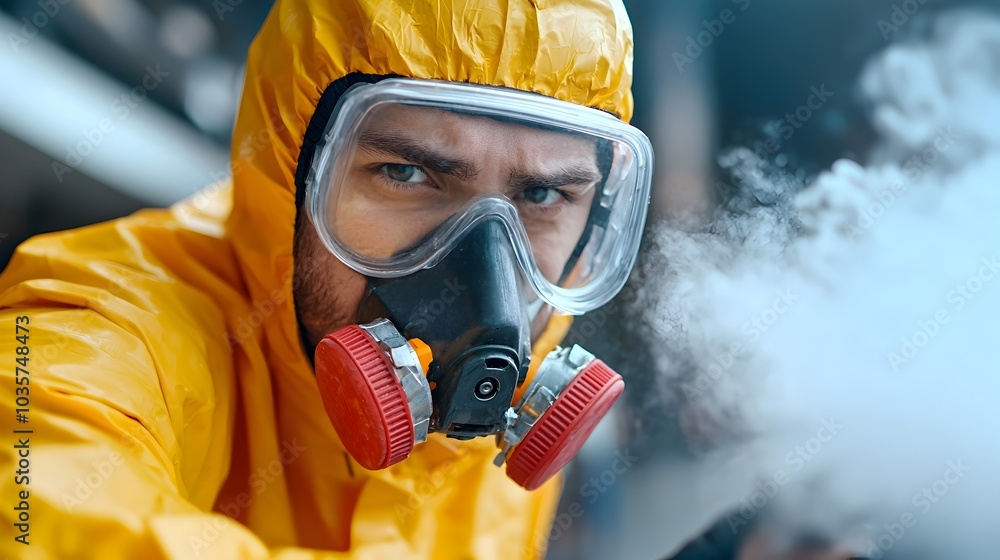 A team of industrial workers in protective gear sealing off and containing toxic waste at a decontamination site to prevent environmental hazards and contamination A team of industrial workers in protective gear sealing off and containing toxic waste at a decontamination site to prevent environmental hazards and contamination