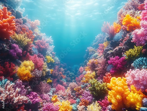 underwater scene showcasing a diverse coral reef, rich in colors and marine life, immersing the viewer in an ethereal underwater world