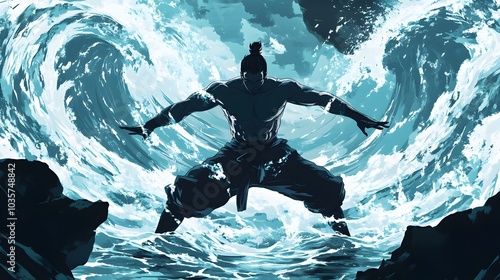 Primal Silhouette Harnessing Hydrokinetic Forces in Dynamic Ukiyo e photo