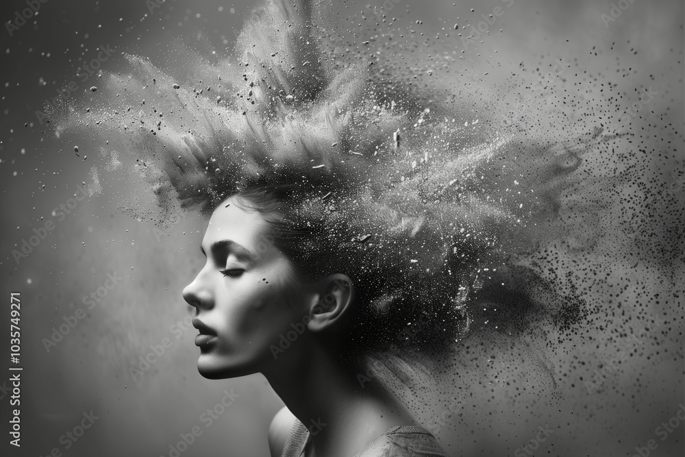 Artistic black and white portrait of a young woman with a dynamic explosion of particles from her head Artistic black and white portrait of a young woman with a dynamic explosion of particles from her head