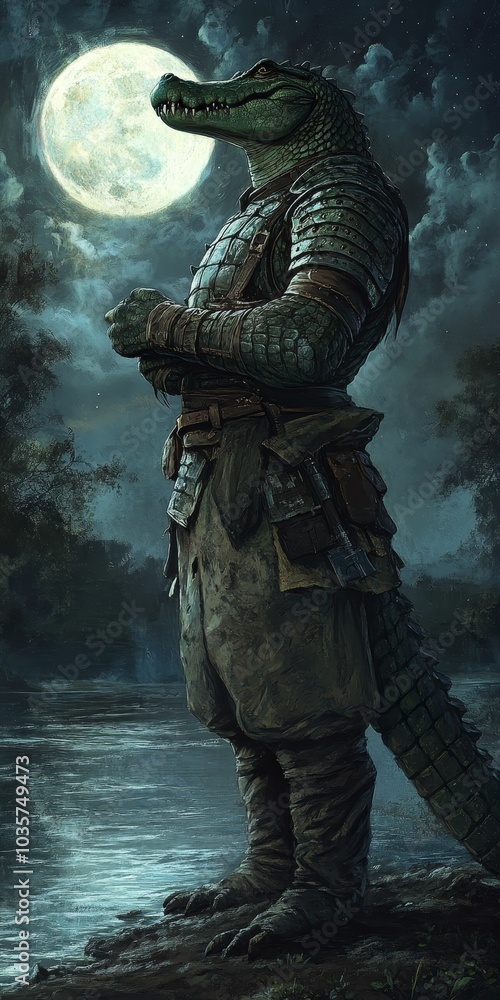 Fototapeta premium Armored crocodile under full moon.