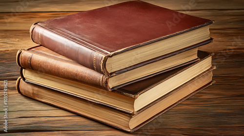 stack of vintage books with leather covers resting on wooden surface, symbolizing knowledge and investment strategies. warm tones evoke sense of nostalgia and wisdom