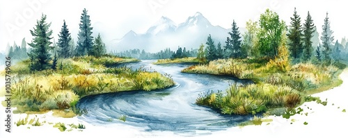 Delicate watercolor painting of a river flowing into a recycling loop, connecting nature and industry, Circular economy, Nature industry balance
