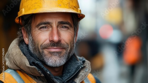 middleaged construction worker wearing a hard hat and work vest smirking confidently onsite highlighting the determination and resilience often found in skilled labor