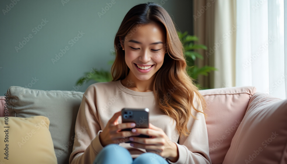 Happy Woman Using Smartphone on Sofa: Connection and Social Media Happy Woman Using Smartphone on Sofa: Connection and Social Media