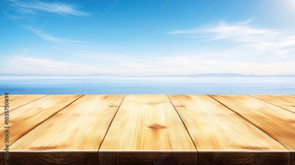 Rustic wooden table overlooking the ocean and a distant island under a clear blue sky, capturing the essence of a beach getaway. Rustic wooden table overlooking the ocean and a distant island under a clear blue sky, capturing the essence of a beach getaway.