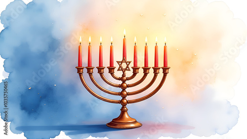 Burning hanukkah menorah. Religion image of jewish holiday Hanukkah background with menorah and candles photo