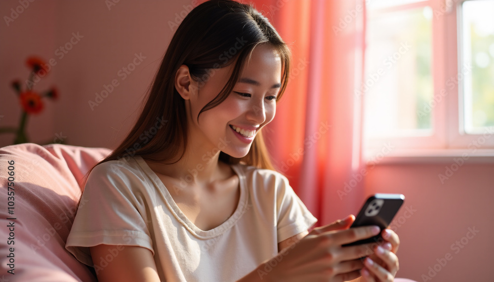 Happy Asian Woman Using Smartphone: Social Connection and Entertainment Happy Asian Woman Using Smartphone: Social Connection and Entertainment