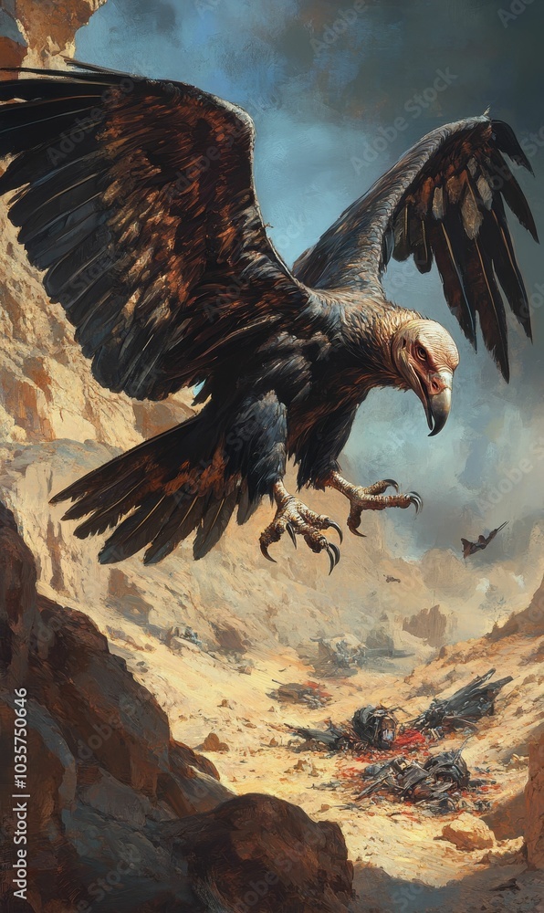 Fototapeta premium A large bird of prey flies over desert wreckage.