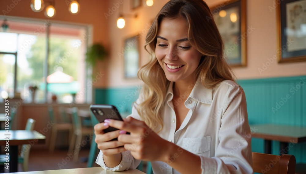 Woman Smiling at Smartphone in Cafe: Enjoying Online Content Woman Smiling at Smartphone in Cafe: Enjoying Online Content