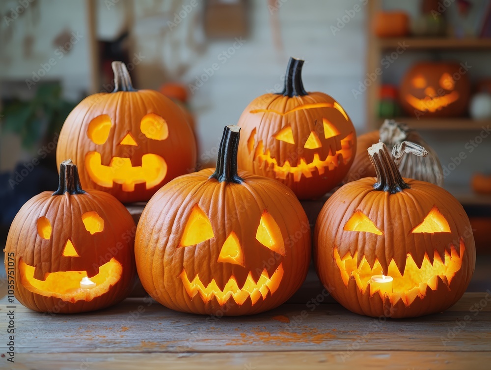 Illuminated Halloween Pumpkins with Carved Faces and Candles Inside on Wooden Table Illuminated Halloween Pumpkins with Carved Faces and Candles Inside on Wooden Table