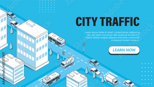Isometric city traffic poster. Cars at crossroad at urban streets. Pedestrian crosswalk and zebra. Landing webpage design. Linear vector illustration