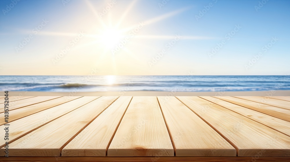 Wooden table with a stunning background of the ocean, a tropical island, and a bright blue sky, ideal for summer and relaxation themes. Wooden table with a stunning background of the ocean, a tropical island, and a bright blue sky, ideal for summer and relaxation themes.
