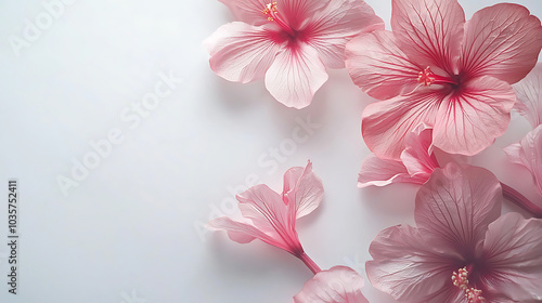 Pink hibiscus flowers on white background with copy space for presentation