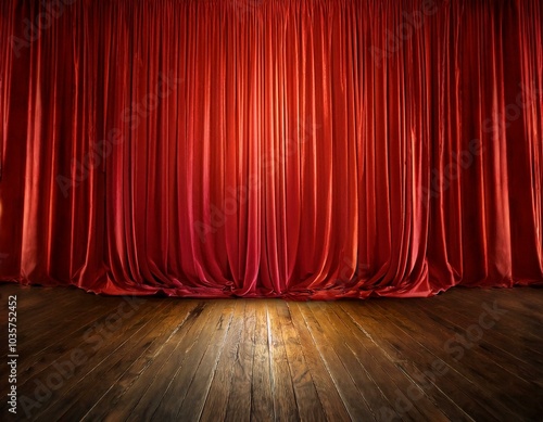 A luxurious red curtain closed in an elegant theater space with wooden flooring, creating anticipation for an upcoming performance