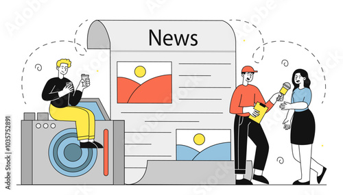Journalists with news. Men and woman near newspaper article and camera. Journalists and reporters, mass media. Knowledge and information. Linear vector illustration