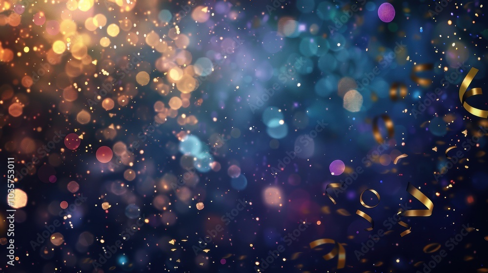 Fototapeta premium Luxurious Abstract Birthday Background with Metallic Gold Confetti and Glowing Bokeh Lights