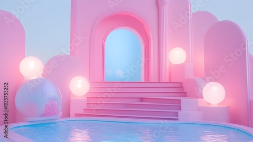 Serene pastel pink pool scene with glowing orbs and soft architectural curves.