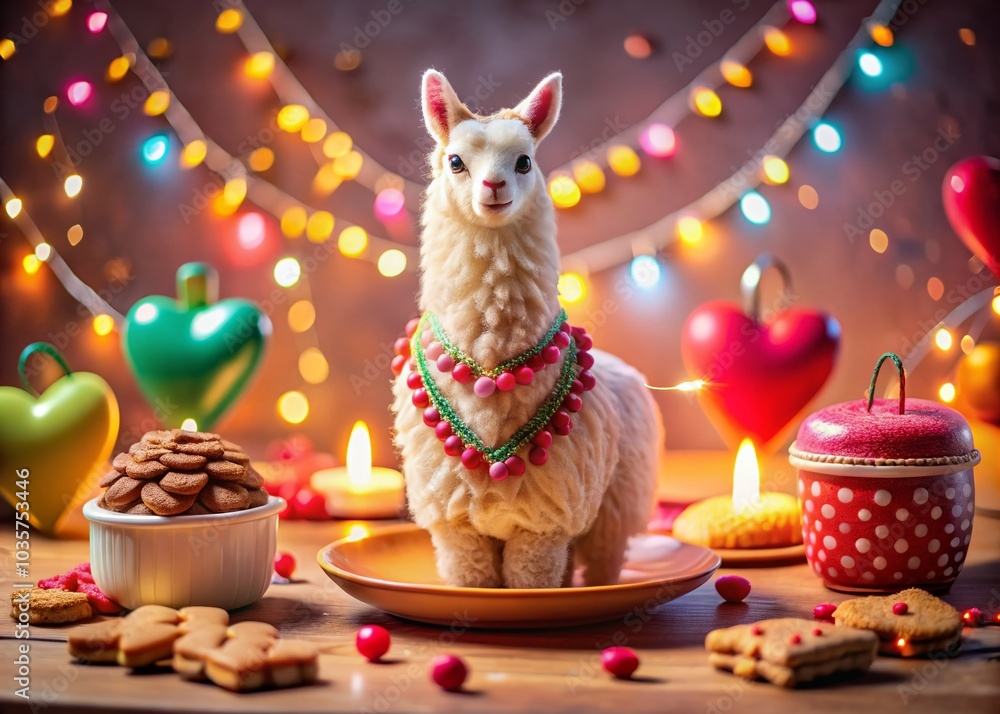 Llama Love: Valentine's Day Card with Festive Lights and Heart Garland for Celebrating Friendship and Affection Llama Love: Valentine's Day Card with Festive Lights and Heart Garland for Celebrating Friendship and Affection