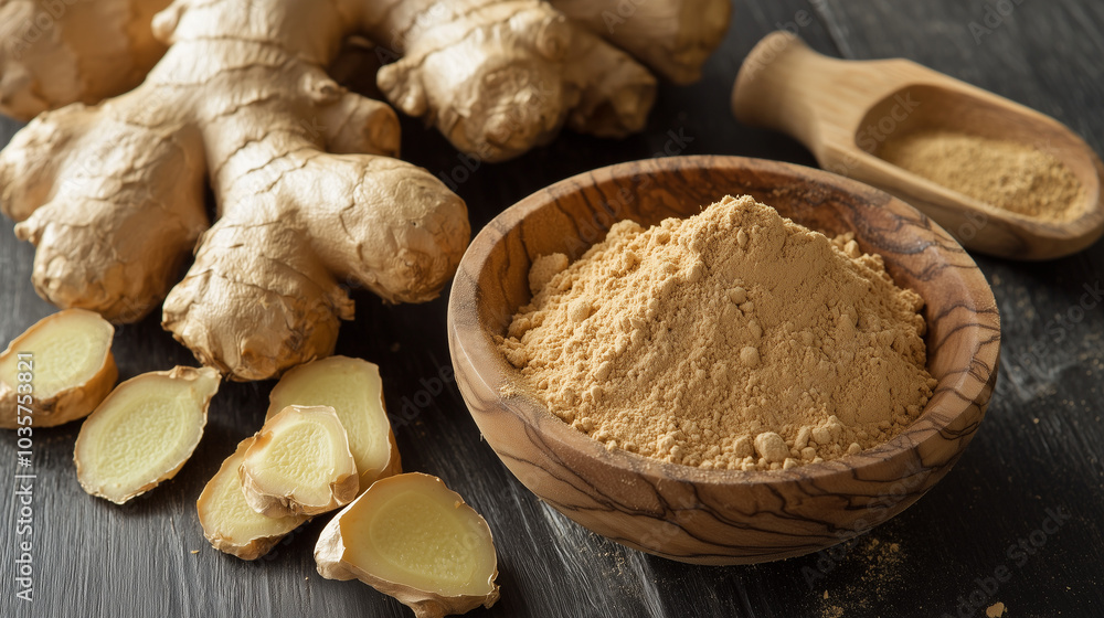 Fresh Ginger Root and Ground Ginger Powder in Wooden Bowl Fresh Ginger Root and Ground Ginger Powder in Wooden Bowl