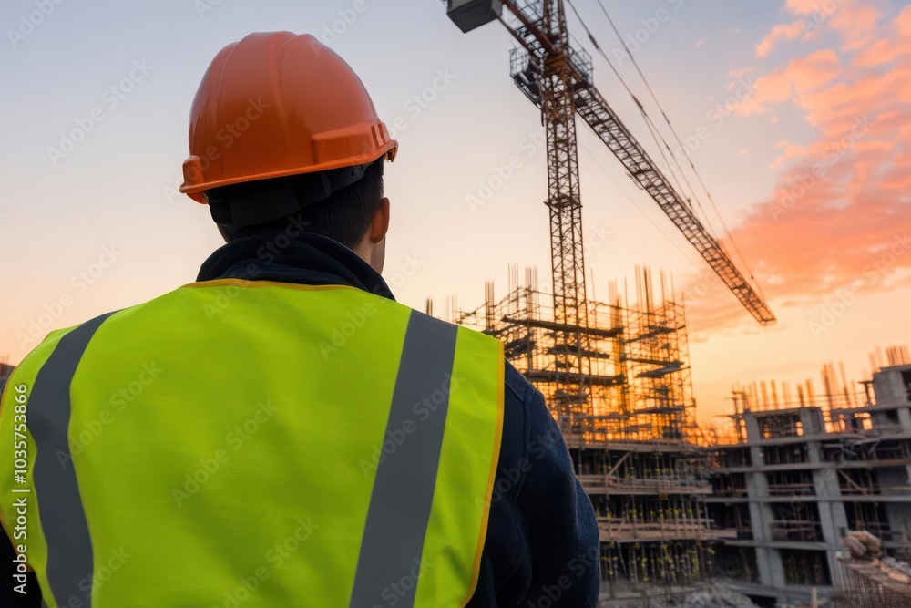Security guard patrolling a construction site perimeter at dusk, cranes and scaffolding silhouetted in the distance, Perimeter Security, Construction Safety Security guard patrolling a construction site perimeter at dusk, cranes and scaffolding silhouetted in the distance, Perimeter Security, Construction Safety