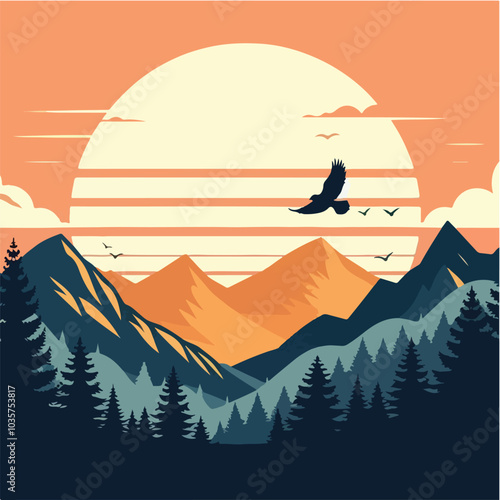 sunset over mountains and tree bird Design
