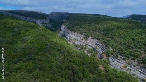 Aerial view from a drone of the landscape of ravines and canyons of Los Canales del Dulla between Quintanilla Valdebodres and Puentedey. The Merindades region. Burgos. Castilla y Leon. Spain. Europe photo