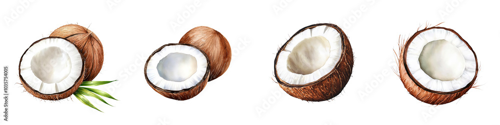 Four coconut halves with green leaves on a white isolated background. transparent background. Four coconut halves with green leaves on a white isolated background. transparent background.