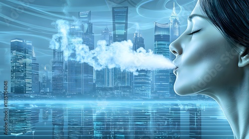 Vaping in Urban Setting: A person exhaling a cloud of vapor against a city skyline. The vapor hangs in the air like a transient sculpture. 