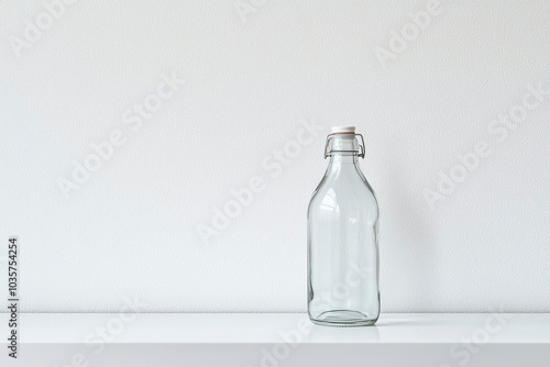 Empty Glass Bottle with a Metal Closure on a White Shelf