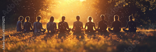 Diverse Group Meditating Outdoors at Sunset for Serenity and Inner Peace